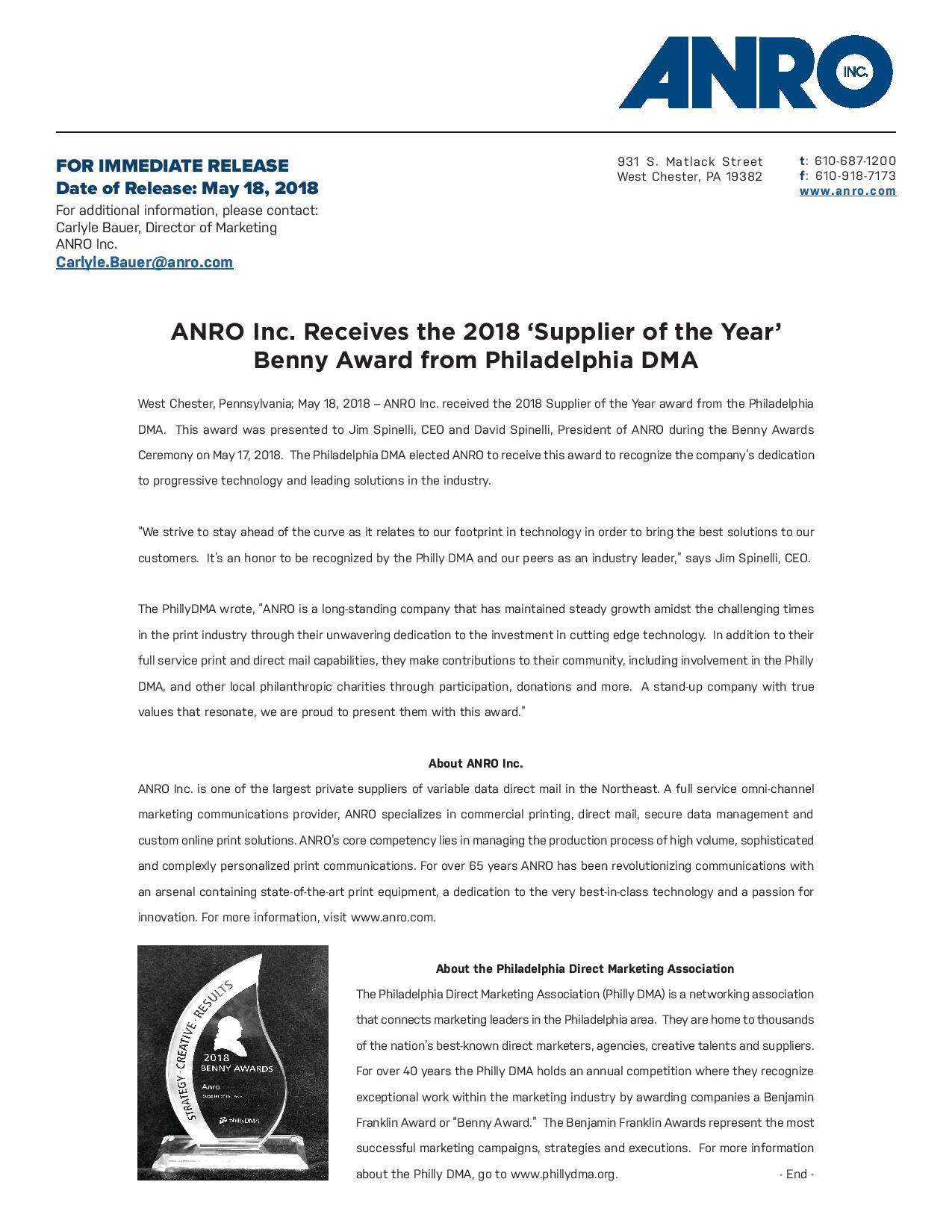 ANRO Inc. Receives the 2018 ‘Supplier of the Year’
Benny Award from Philadelphia DMA